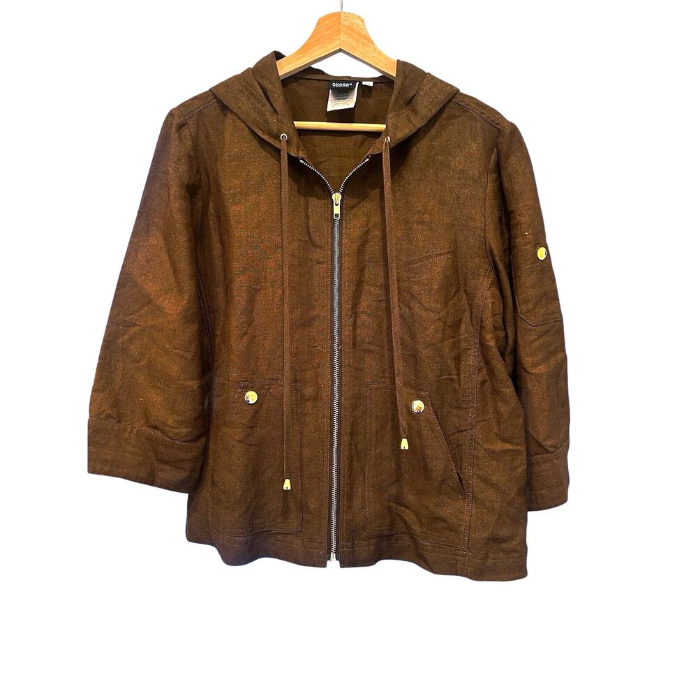 Sharon Young Chocolate Brown Ramie Cotton Hooded Jacket Medium Gold Hardware